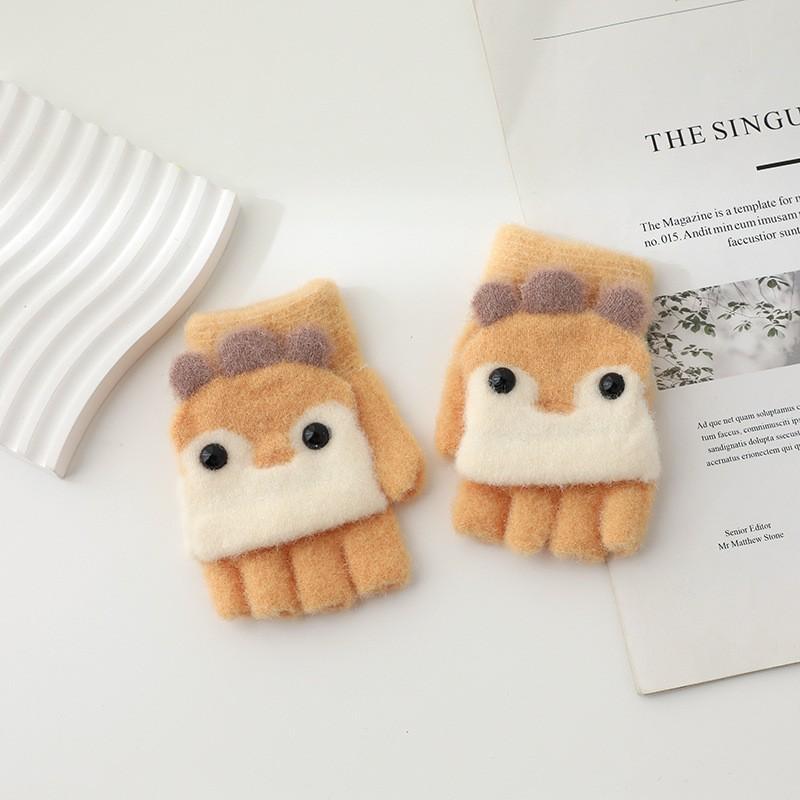 Half finger flip gloves children boys and girls cute cartoon plush warm and cold gloves children's gloves winter
