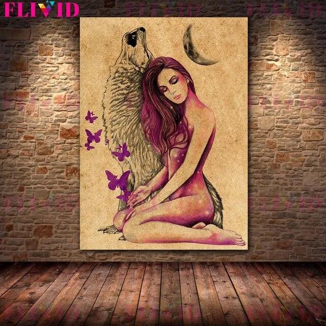 Wolf Woman And And Moon Wicca Vintage Wall Art Canvas Painting Daughters Of The Moon Art Poster And Print Home Decor No Frame