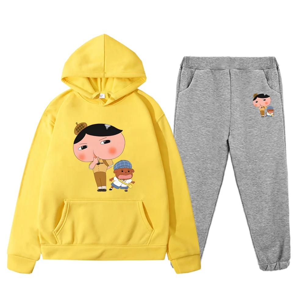 2pcs Butt Detective Cartoon Print High Quality Clothing Sets Autumn New Childrens Hoodies Sweatshirts Kids Loose Fleece Pullover