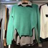 Fake Two-piece Sweater Women's Loose Knitted Patchwork Pullover Shirt Autumn Plaid Lapel Long Sleeve Split Sweaters