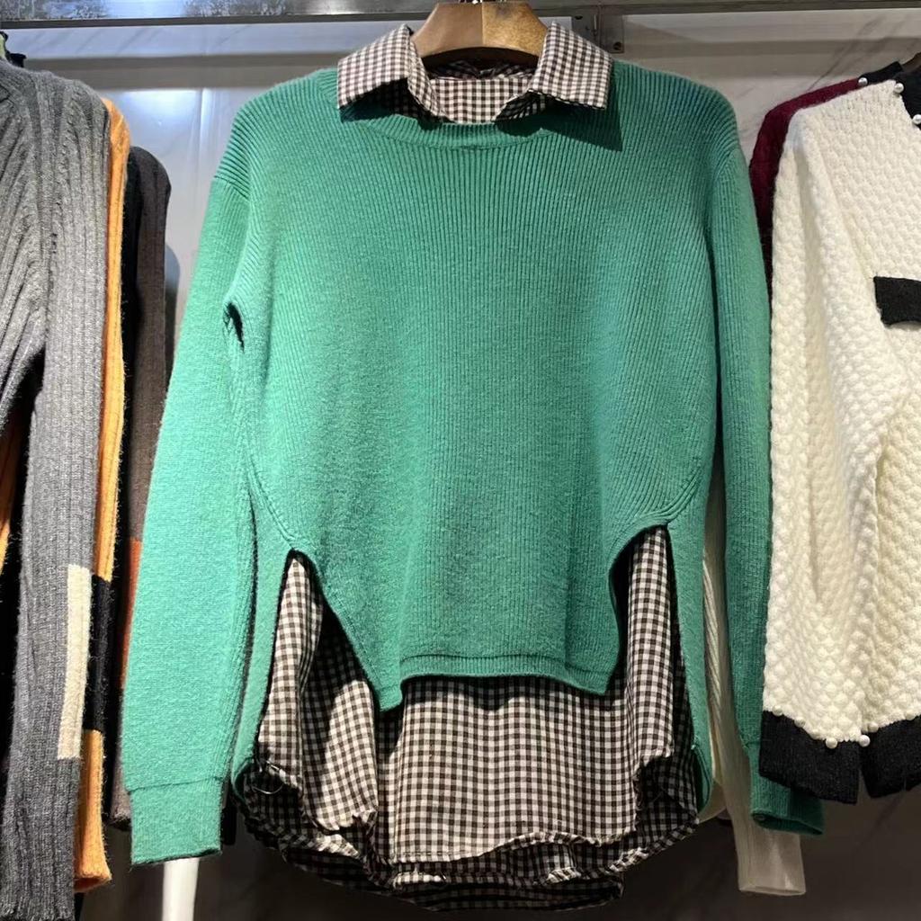 Fake Two-piece Sweater Women's Loose Knitted Patchwork Pullover Shirt Autumn Plaid Lapel Long Sleeve Split Sweaters