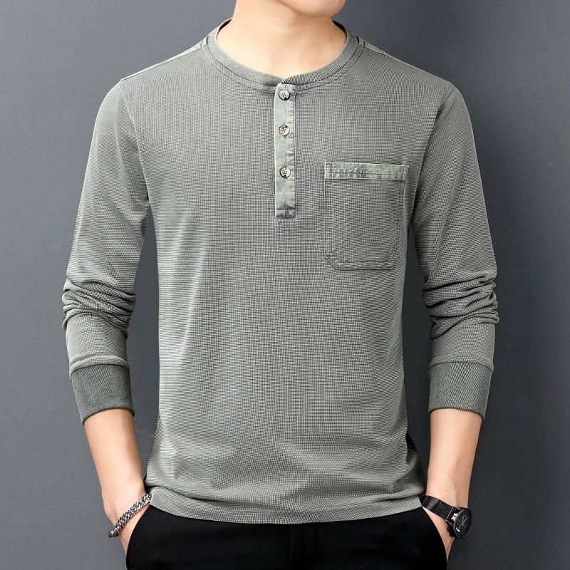 New Men's T-shirt Men's Autumn Long-Sleeved Lapel Workwear round Neck Youth Loose Bottoming Shirt Autumn Clothes