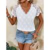 Elegant Ladies Solid Color Hollow Embroidery Lace Splicing Short Sleeve T-Shirt Top Women's
