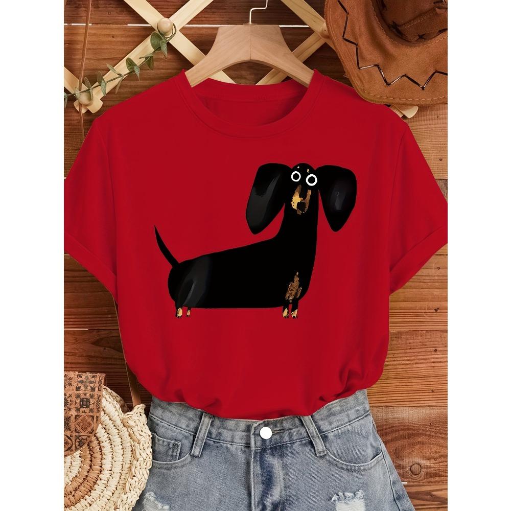 Cute Black Sausage Dog Funny Printed Women's T-shirt Short Sleeve Crew Neck Top for Summer Women's Harajuku Casual Clothing