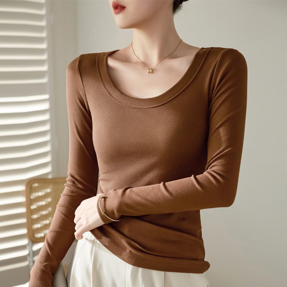 New Autumn and Winter Pure Cotton Long-sleeved T-shirt for Women Korean Style Slim Slim T-shirt Top Solid Color Versatile Base Shirt