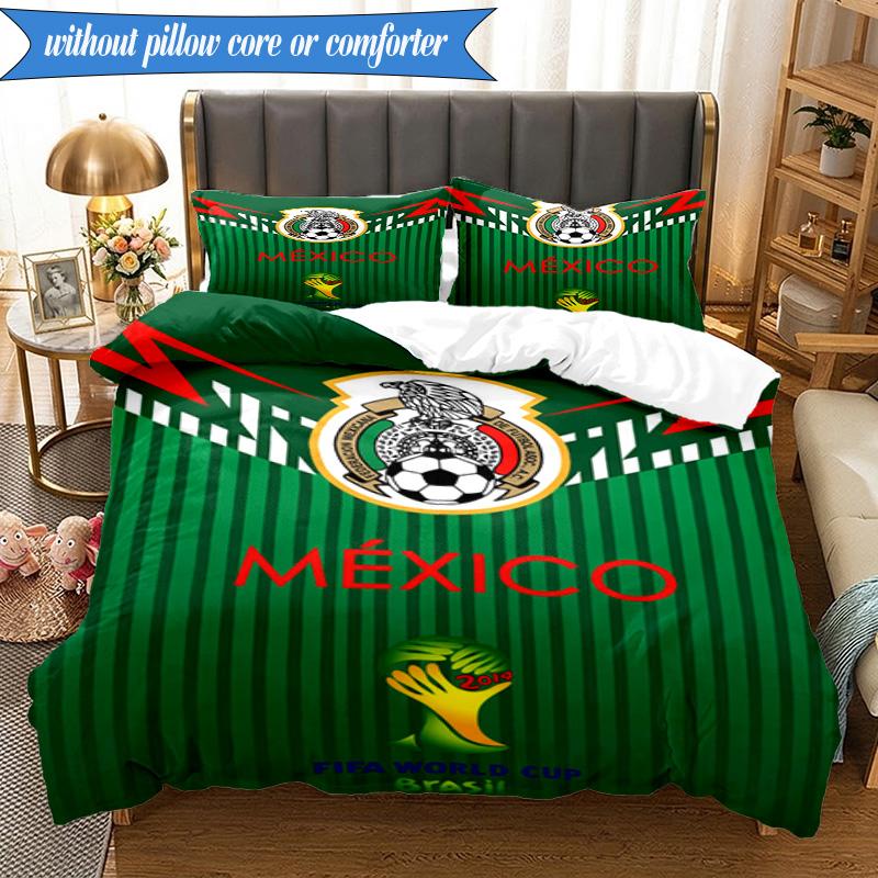 3PCS Mexico Football Team Emblem Printed Soft Bedding Set,Including 1pc Duvet Cover And 2pcs Pillowcases Perfect for Bedroom, Dormitory, Fan Gift