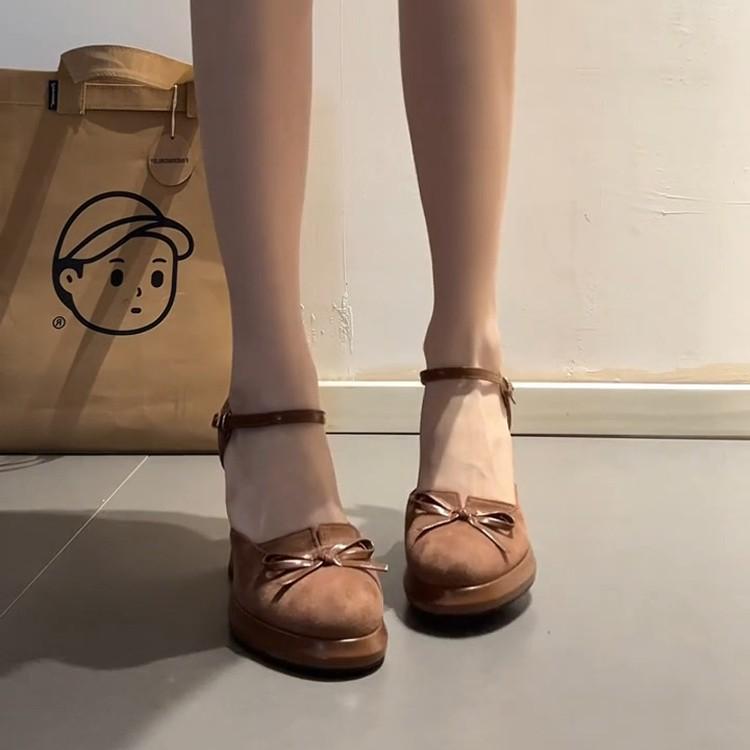 Sheepskin Version~ French Retro Bow Light Mouth High Heel Mary Jane Shoes Women's Versatile One-word Buckle Belt Thick Heel Single Shoes