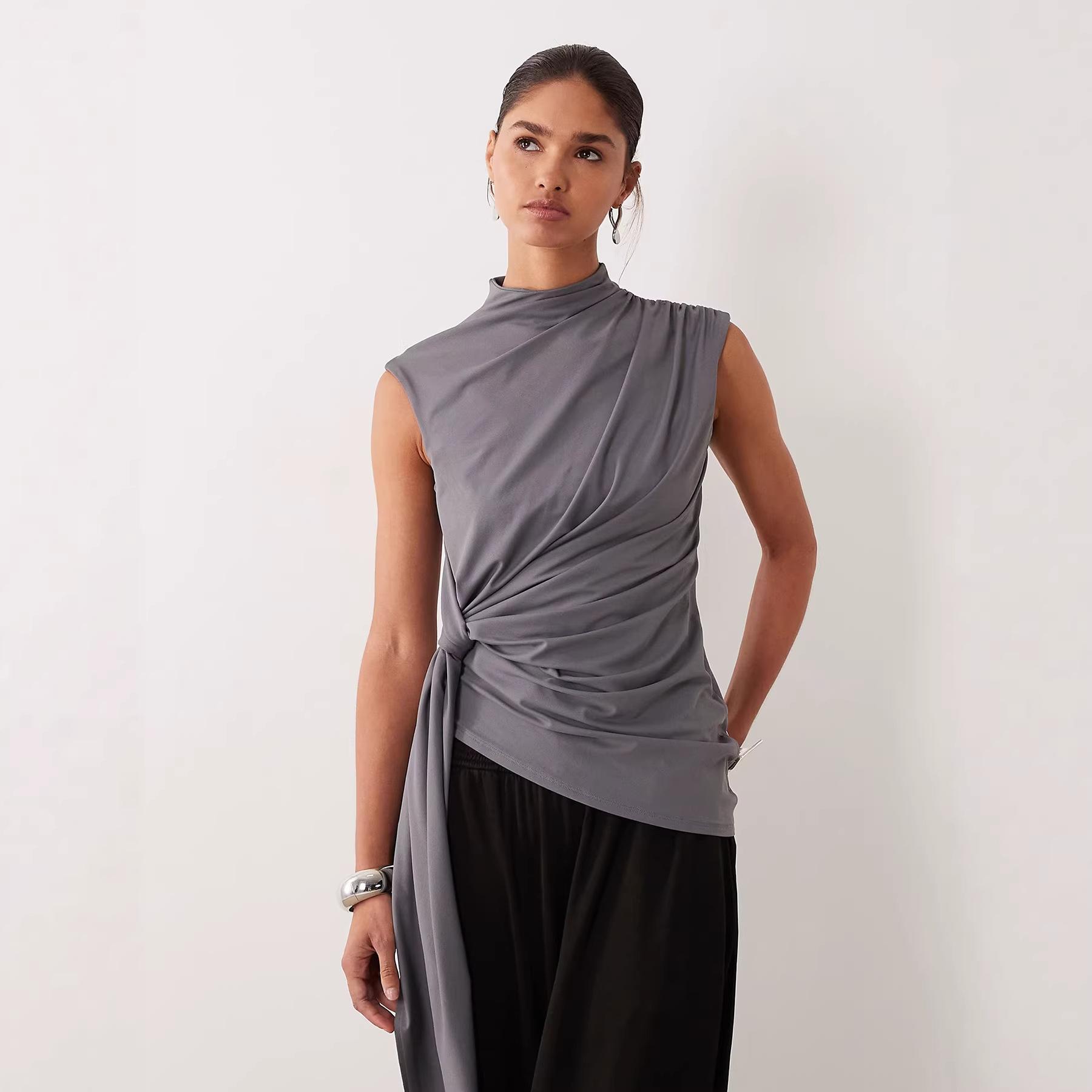 European and American lace-up bottoming shirt women s summer simple fashion elastic sleeveless vest straps beveled hem T-shirt top XS серый