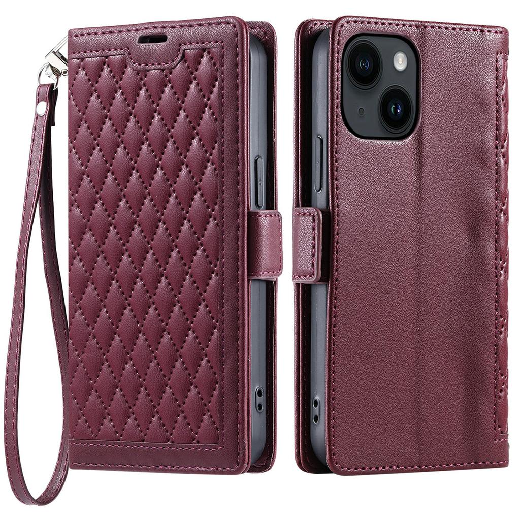 For iPhone 15 Leather Case Rhombus Texture Wallet Stand Phone Cover with Wrist Strap