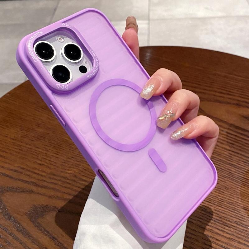 Matte Transparent With Metal Lens Ring Case For iPhone 16 15 14 Plus 13 12 11 Pro Max Stripe Magnetic Wireless Charging Cover