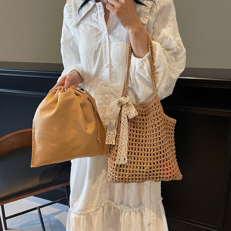 Natural Crochet Shoulder Bag for Women - Large Capacity Handwoven Beach Bag with Scarf, Summer Fashion Shopper Tote