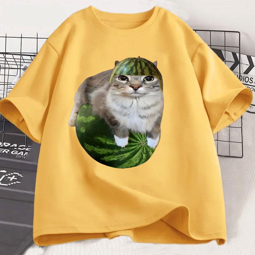 Watermelon Cat Silly Cat Funny Meme T Shirts Men's Women Clothing Casual Cotton T-shirt Fashion Short Sleeve Oversized T-shirts