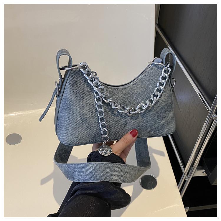 Autumn popular simple fashion 2025 trend casual solid color PU casual shoulder denim armpit crescent bag women