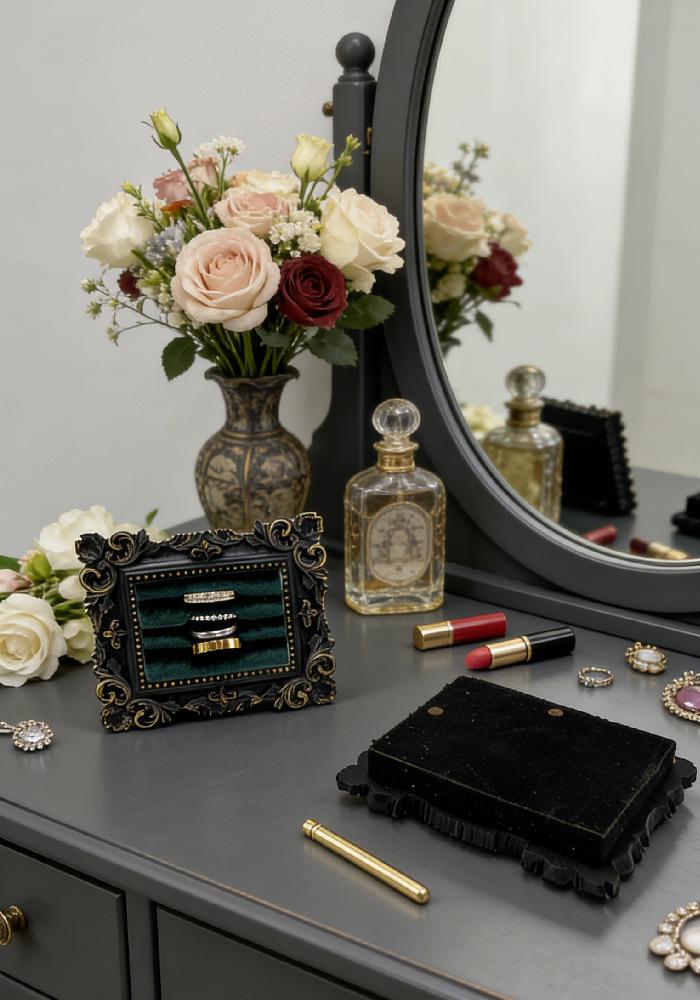 Victorian Style Black & Gold Frame Earrings, Ring, and Jewelry Holder Display