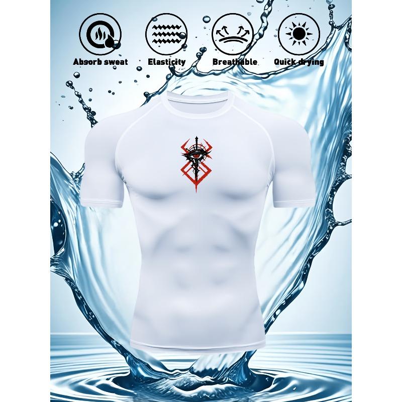 Men's Compression Shirt Quick Dry Navy Blue Gym T-Shirt Red Mystical Symbol Print Workout Sportswear