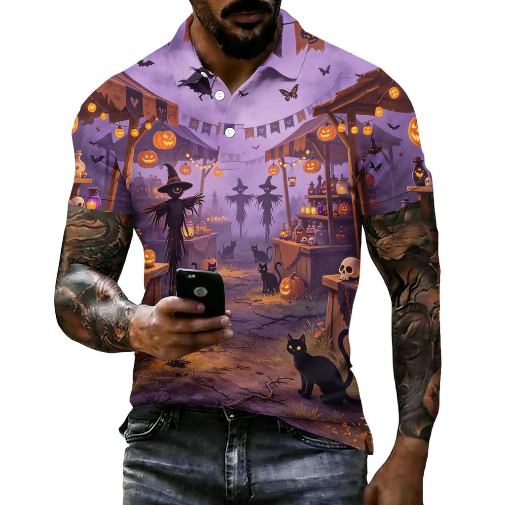 Men's Halloween Print Vintage Texture Short Sleeve Polo Shirt Loose Breathable Summer Sports Street Casual Daily Wear Top