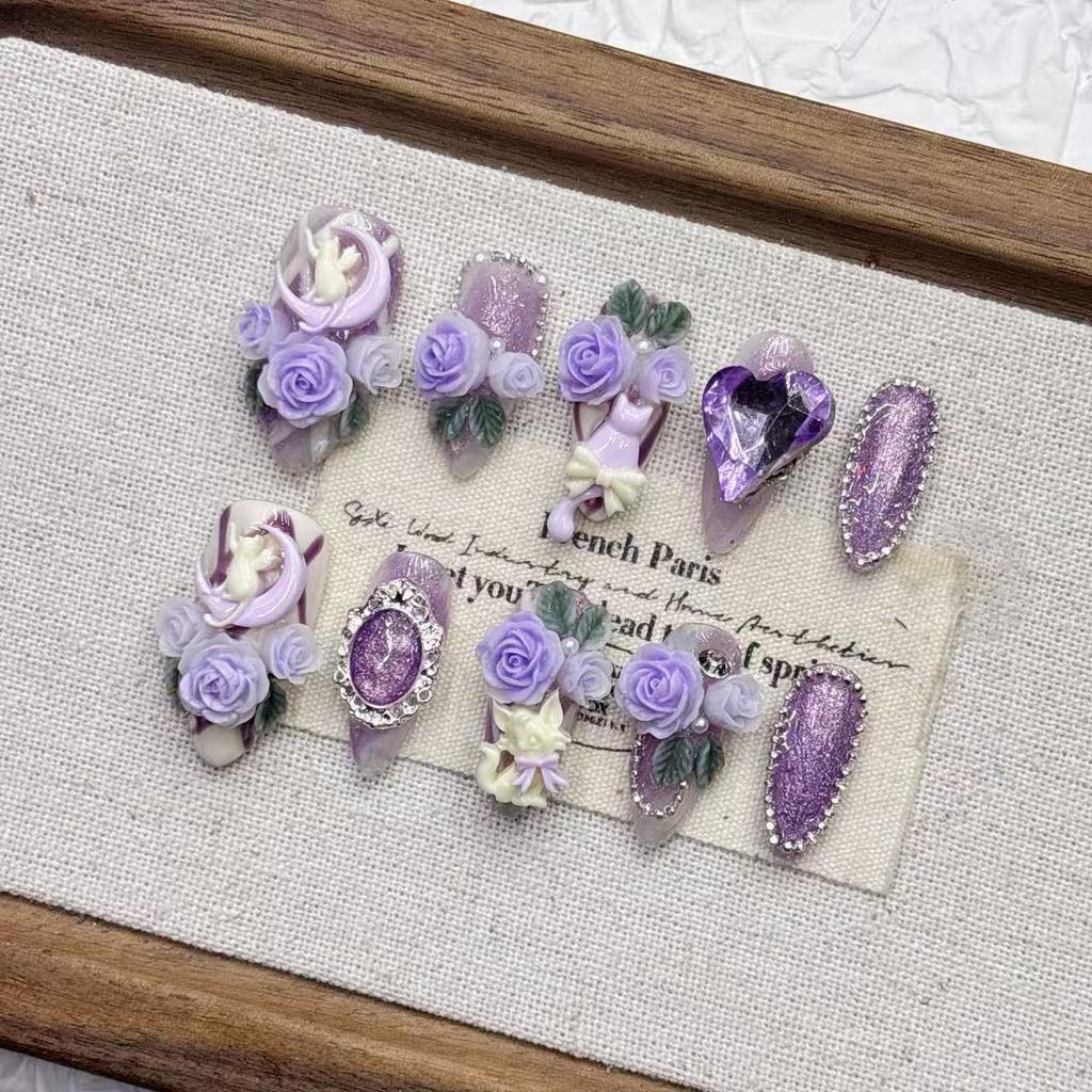 Purple Press On Nails Almond Fake Nails French Tip False Nails with Cat Design Full Cover Acrylic Glue On Nails Artificial Stick On Nails for Women