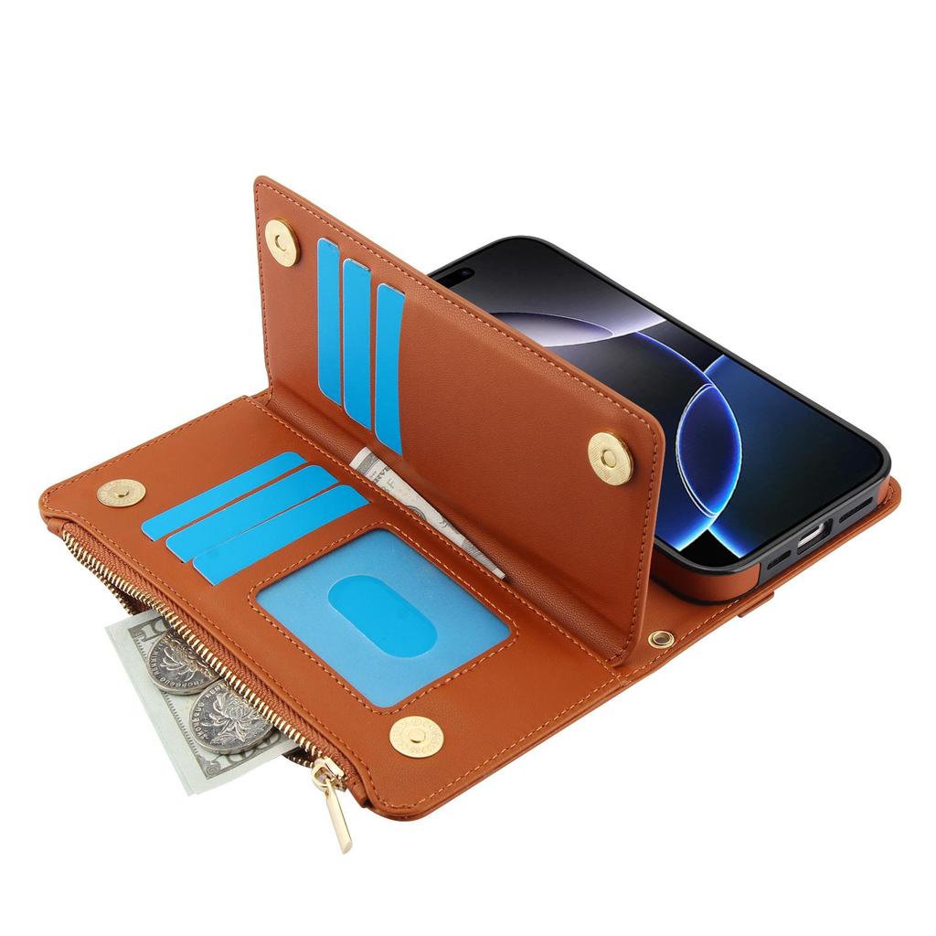 Etui Portfel Skórzany z Miejscami na Karty i Zamkiem Błyskawicznym Etui Klapka na Telefon dla IPhone 17 16 15 14 13 12 11 Pro Max Plus Promax 16e Pierścień Smycz Portmonetka