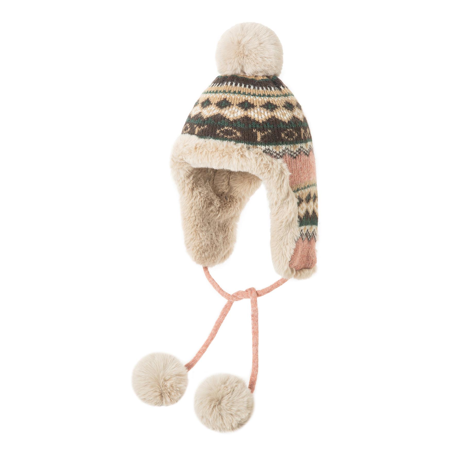Women s Ethnic-Style Jacquard Knit Wool Hat: Winter Warmth with Ear Protection & Pom-Pom. розовый