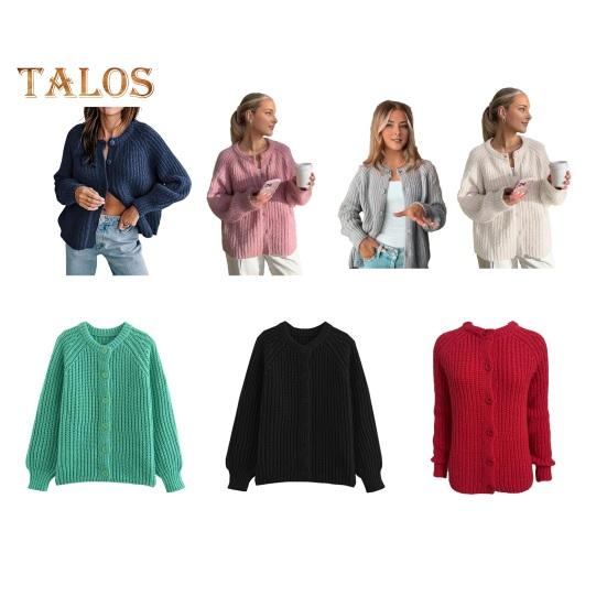 Women Sweater Coat Round Neck Long Sleeve Solid Color Button Down Cardigan Sweater Thick Warm Knit Outwear