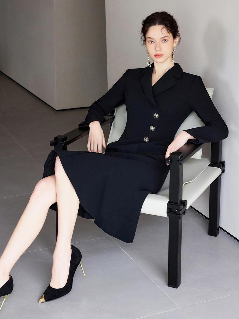 2025 Spring Hepburn Style Women's Black Fishtail Suit Dress: Elegant and Professional