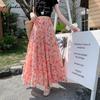 Style Coréen Printemps Été Femmes Jupe Midi Chiffon Taille Haute Couleur Contrastée Bleu Rose Jupe Florale Volants Superposés Jupes Douces Femmes