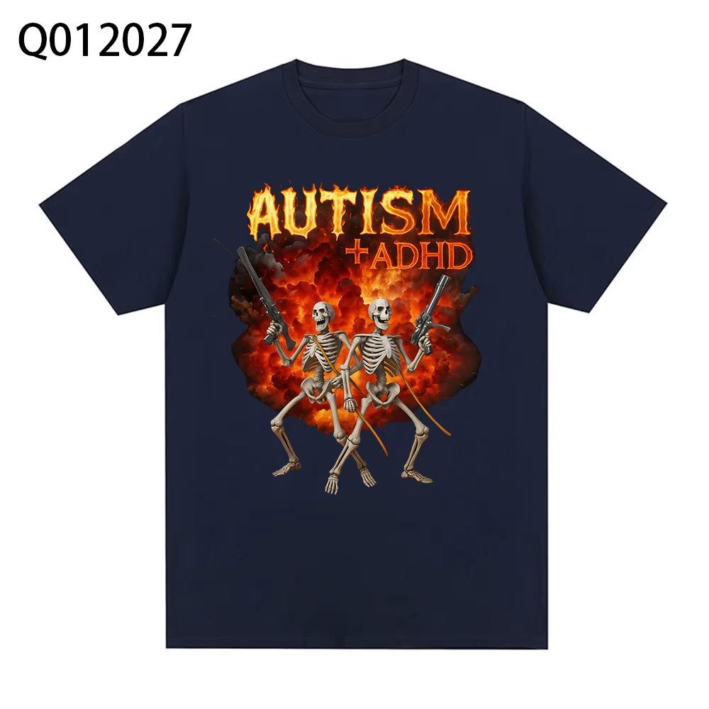 2026 Autism Adhd Skeleton Meme T Shirt Humor Funny Skull Unisex Unisex Fashion TShirt Casual Fashion Short Sleeve Oversized Tees S