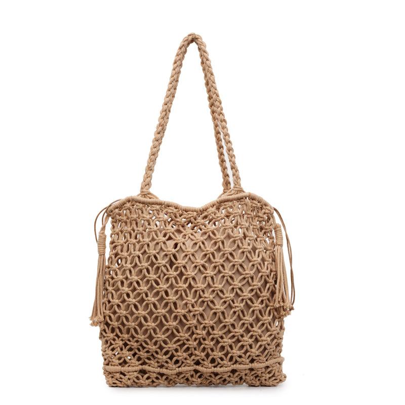 New Retro Hand-woven Bag Tassel Tote Fishing Net Pocket Summer Vacation Beach Hollow Women's Bag