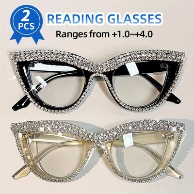 2pcs Elegant Cat Eye Reading Glasses Women, Blue Light Blocking with Rhinestone Accents, Fashionable Full Frame 1.0 To 4.0