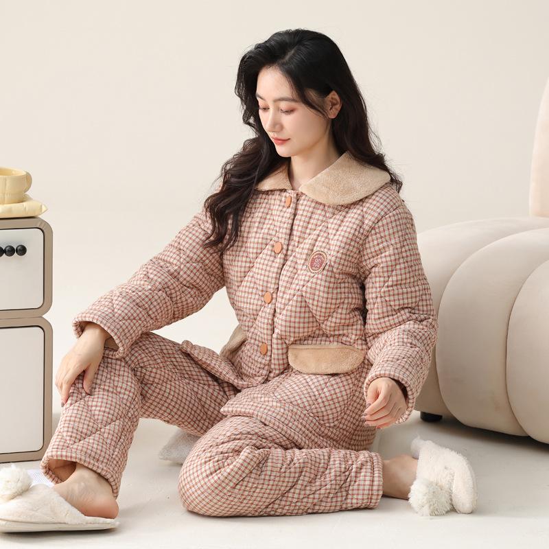 Pajamas Women'S Winter Three-Layer Thickened Fleece Woven Cotton Jacket Autumn And Winter Coral Fleece Warm Loungewear