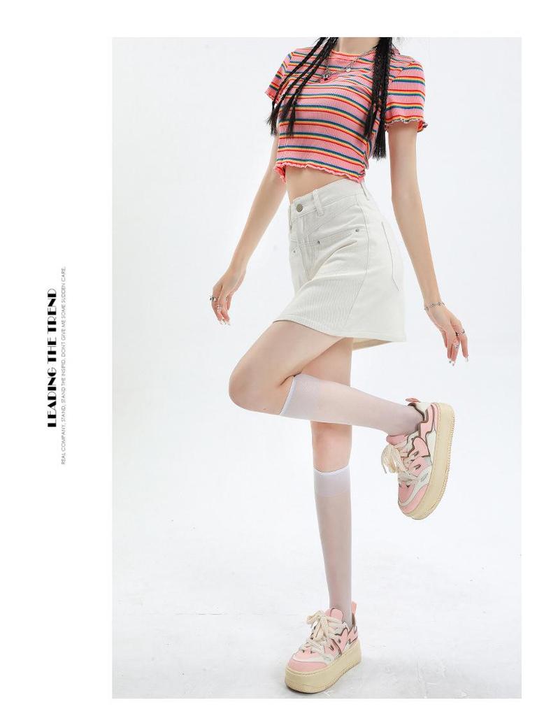 2023 Damska Mini Spódniczka Jeansowa A-Line z Wysokim Stanem w Kolorze Off-White: Antyekspozycja, Petite, Wyszczuplający Styl Letni