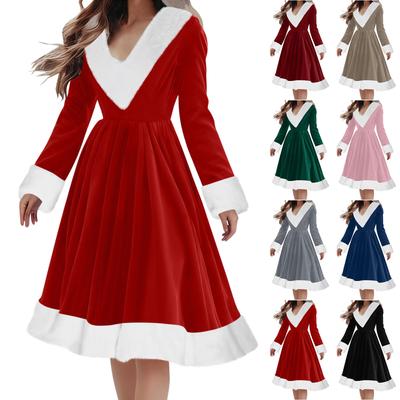 Women's Fashionable Loose-Fit Long-Sleeved Plush V-Neck Solid-Colour Party Dress