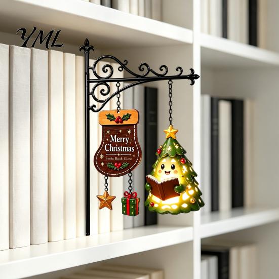 Bookshelf Lighting Christmas Hanging Light, Snowman Book Nook Lamp, Metal Festive Reading Accents Floating Library Lantern Decor, Holiday Ornament for