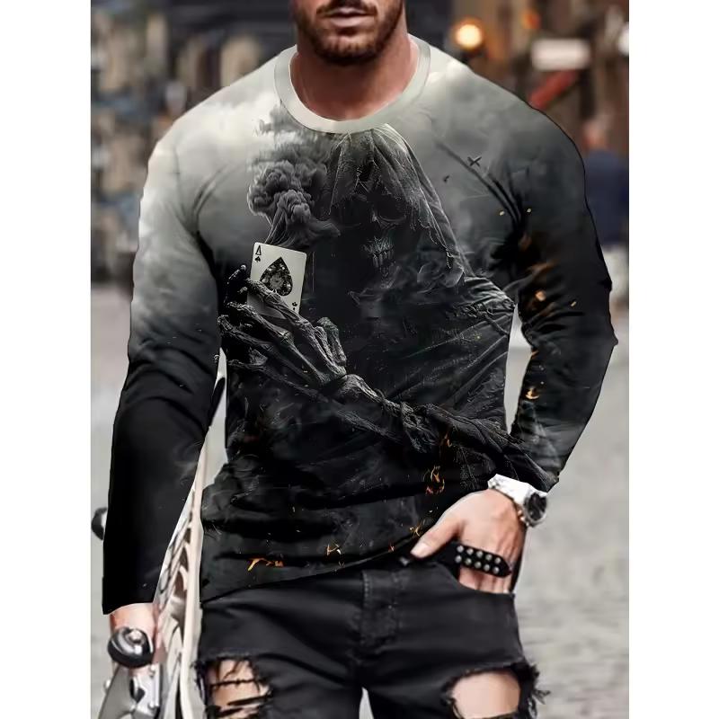 Cute Abstract Monster Pattern T-Shirt For Men Cool Skull 3D Print T Shirts Autumn Casual Loose Round Neck Tops Tees Long Sleeves