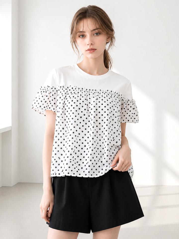 PAIGEFLYNN Chiffon Dot Round Neck T-Shirt_S6Bts014C