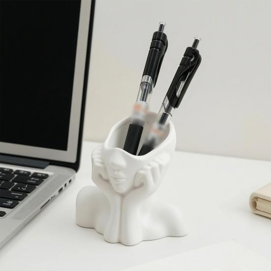 Pen Holder, Abstract Thinker Sculpture Desk Organizer, 3D Printed Holding Face Figurine Flower Vase for Makeup Brushes