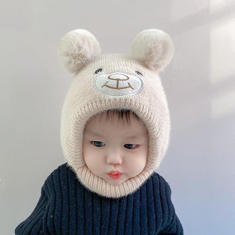 Leuke cartoon beer babymutsje sjaal winter warm dubbele pompom oorbescherming hoeden motorkap pasgeboren peuter jongen meisje mutsen
