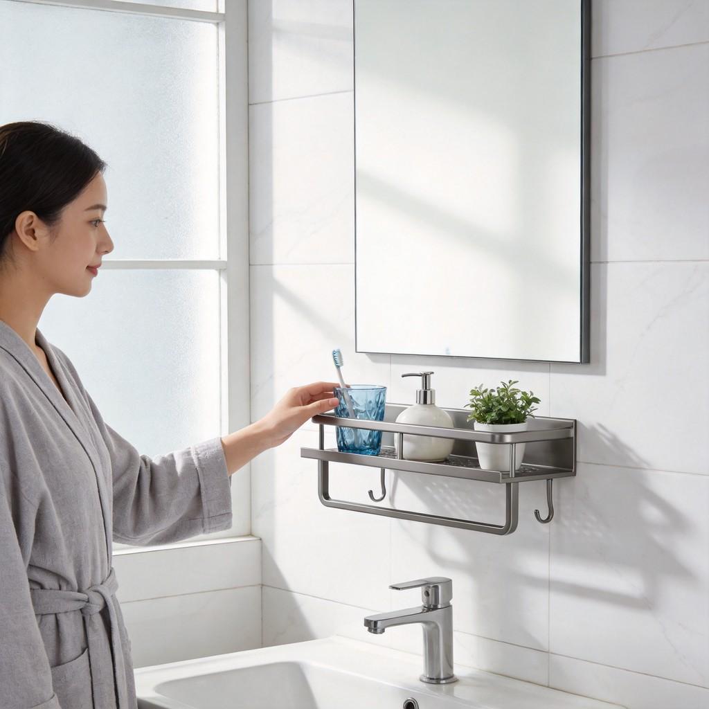 Aluminum Alloy Wall Mount Bathroom Shelf With Removable Design For Shower And Toilet Storage