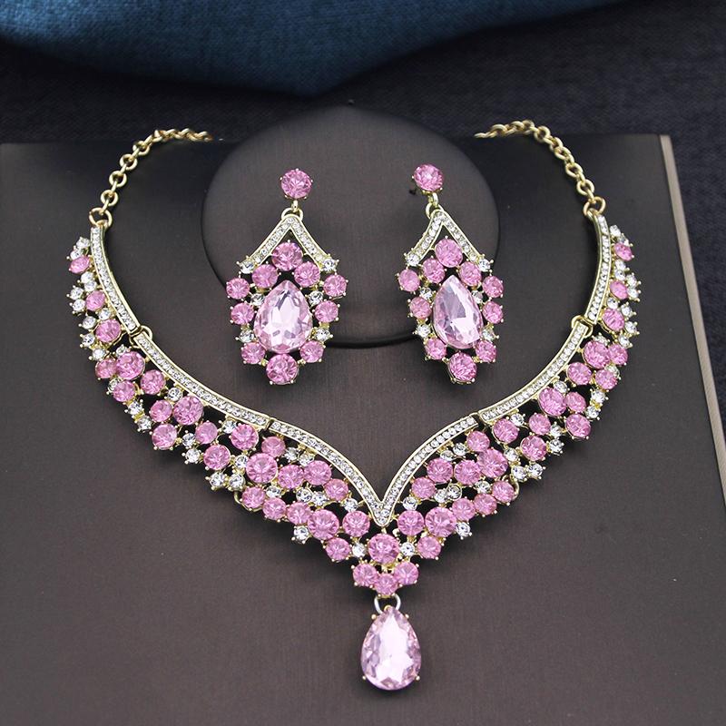 Wspaniałe Królewsko Niebieskie Kryształowe Zestawy Biżuterii Ślubnej Kolorowe Tiary Kolczyki Naszyjniki Zestaw dla Kobiet Suknia Ślubna Korona Zestaw Biżuterii