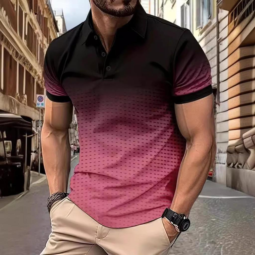 Colour blocking gradient tops daily casual lapel short sleeve polo shirt man