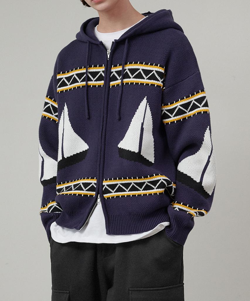 Glw Oversized Sailing Hooded Knit Zip-Up Navy