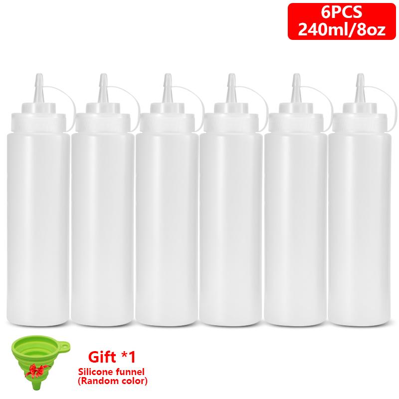 1/2/4/6 Stück Gewürz-Quetschflaschen mit Kappen, Kunststoff-Quetschspender mit Messangaben für Ketchup, BBQ, Saucen, Sirup