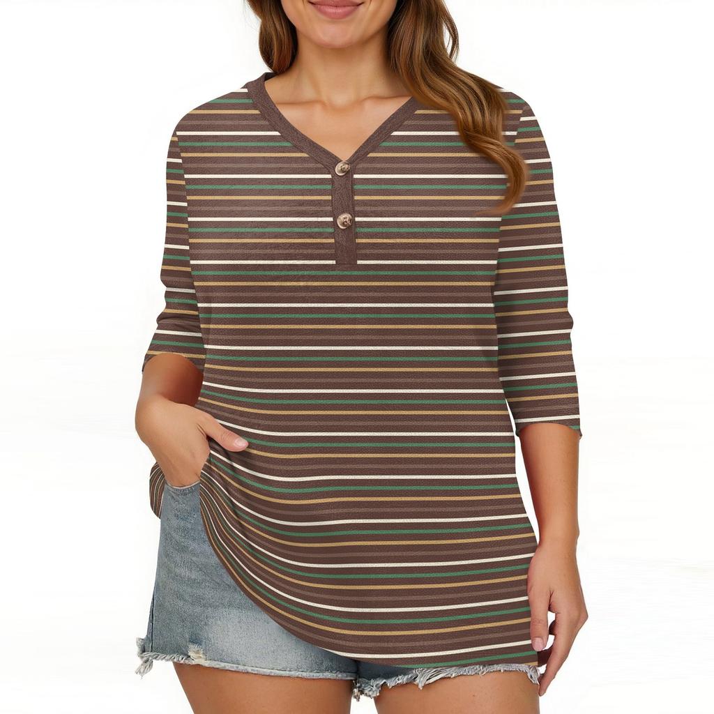 Damen 3/4 Ärmel Tops Übergröße Button-Down V-Ausschnitt Hemden Blusen Lässig Druck Locker