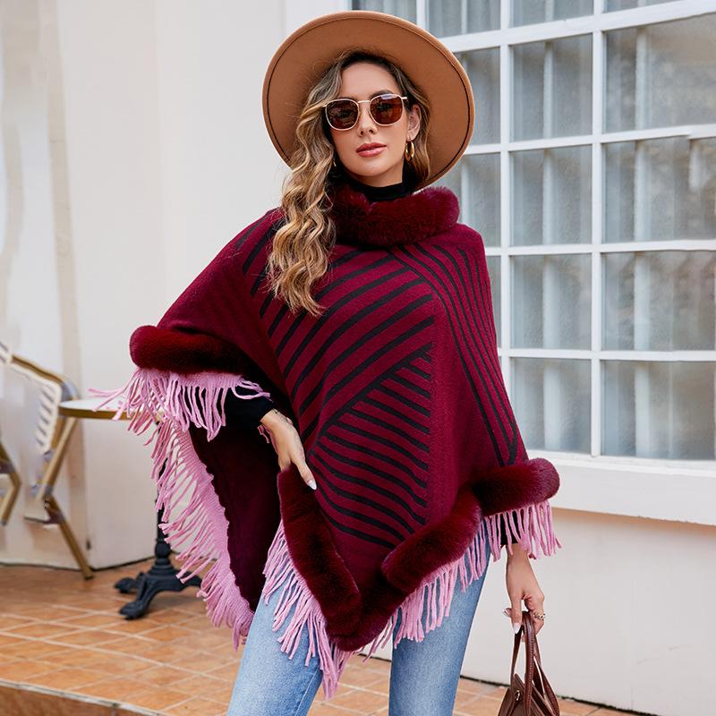 Autumn and Winter Women Stripe Loose Bat Sleeve Cross Border Cloak Cardigan Knitwear Half High Collar Sweater