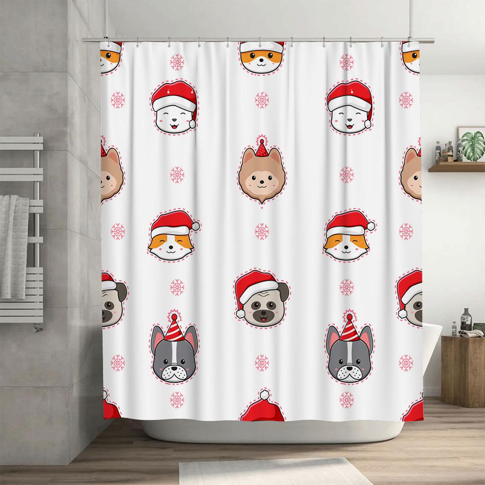Adorable Dogs Christmas Shower Curtain Set for Bathroom Decor Waterproof Fabric with Santa Hats Snowflakes Pattern