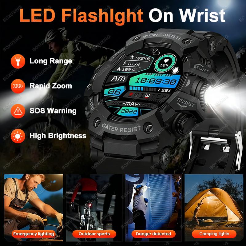 New Military Outdoor Smart Watch Men Compass Heart Rate BT Call LED Flashlight IP68 Waterproof Smartwatches For IOS Android