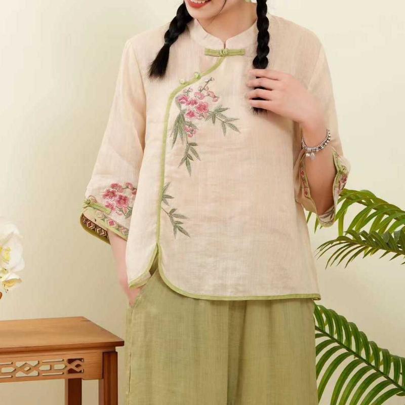 Women's Vintage Chinese Ethnic Style Shirt Stand Collar Embroidery Elegant Blouse Summer Three Quarter Sleeve Cotton Loose Tops