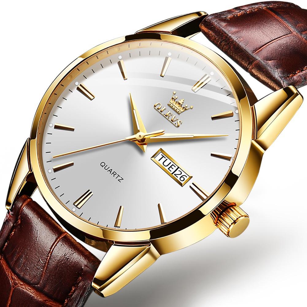 

OLEVS новые модные повседневные деловые мужские кварцевые часы с кожаным ремешком golden case white dial