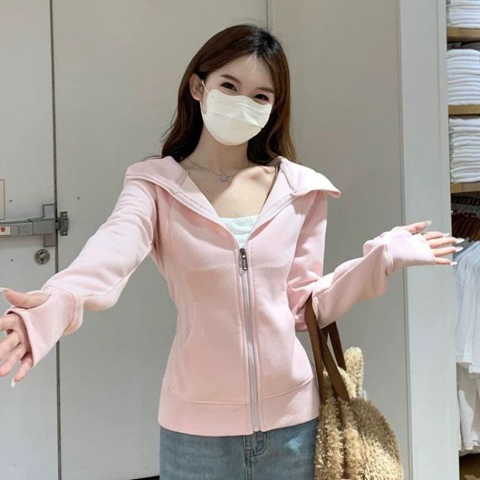 Light Blue Spring Slim-Fit Cropped Hooded Cardigan Jacket - Fashionable & Versatile Extra Large