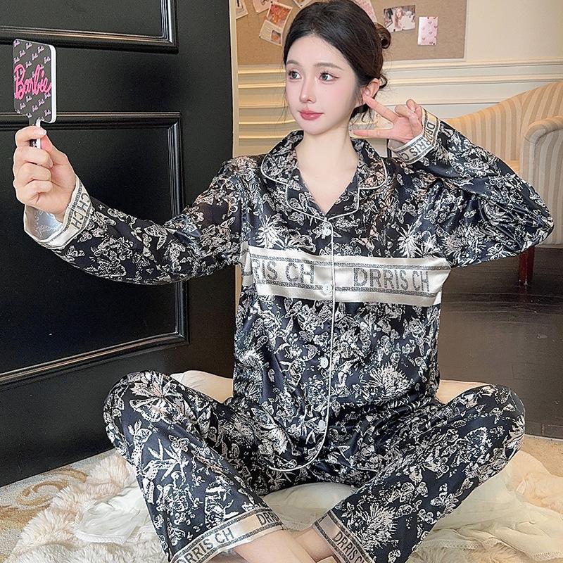 Silky Ice Silk Pajamas Women'S Spring And Autumn Cartoon Jiyika Wow Small Eight Long-Sleeved Casual Loungewear Two-Piece Set